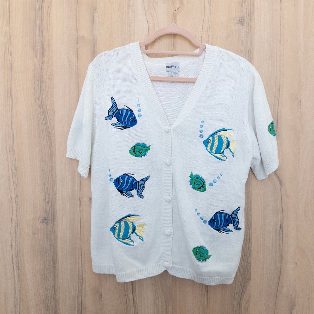 Vintageβ BonWorth Fish Embroidered Cardigan M White Tropical Nautical Coastal